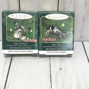 Hallmark 2000 & 2001 Keepsake Pewter Ornament Sack of Money & Race Ornaments